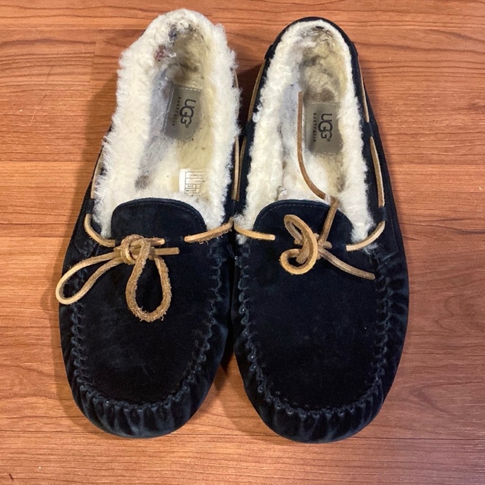 UGG Black Suede Moccasins with Shearling Trim and Tan Laces